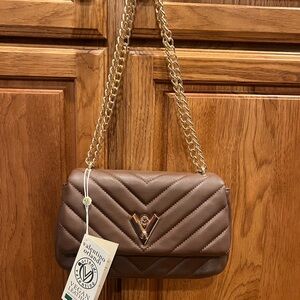 Valentino Orlandi Brown Quilted Vegan Leather Shoulder Bag with Gold Chain